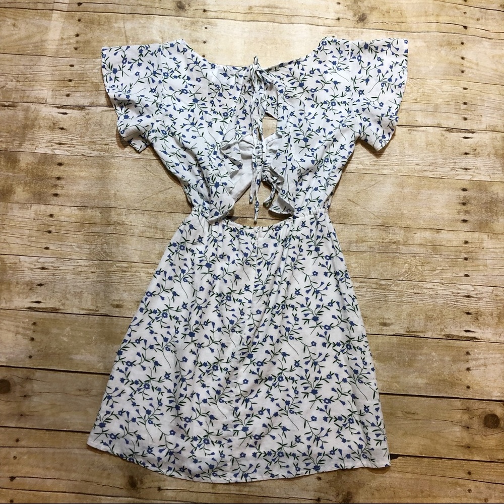 Prince Polly White Mini Dress With Small Blue Flower Print Cut Out Front